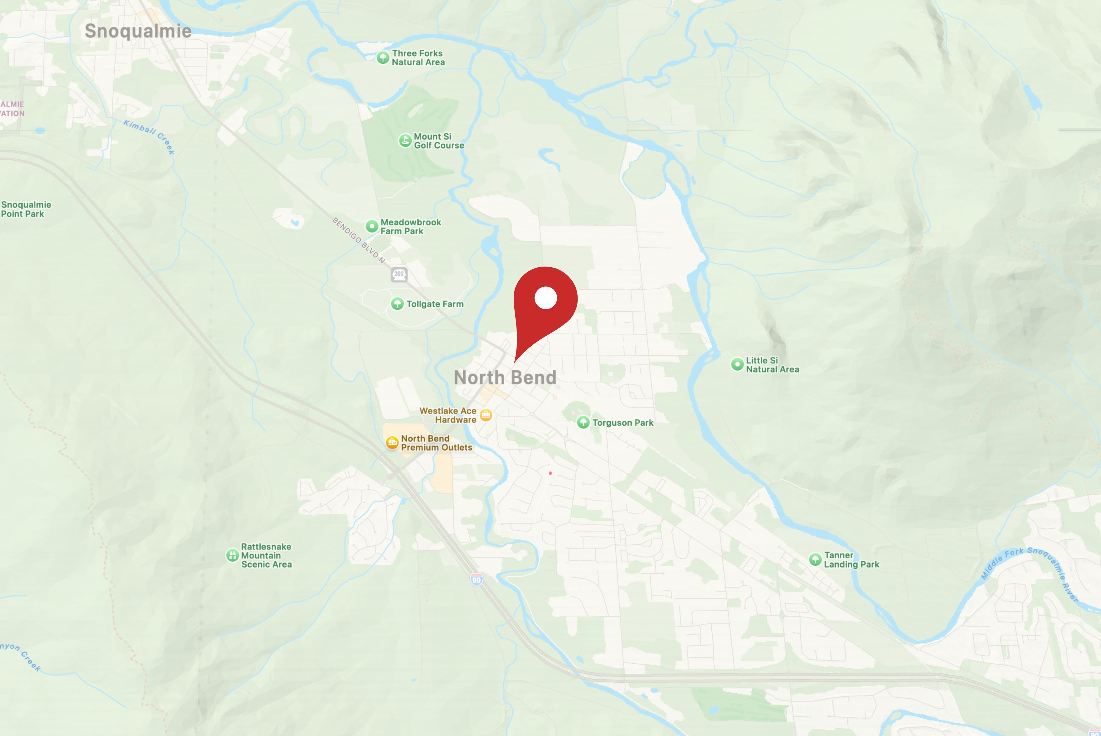 Map of North Bend, Washington showing the location of Bread and Buttercream bakery